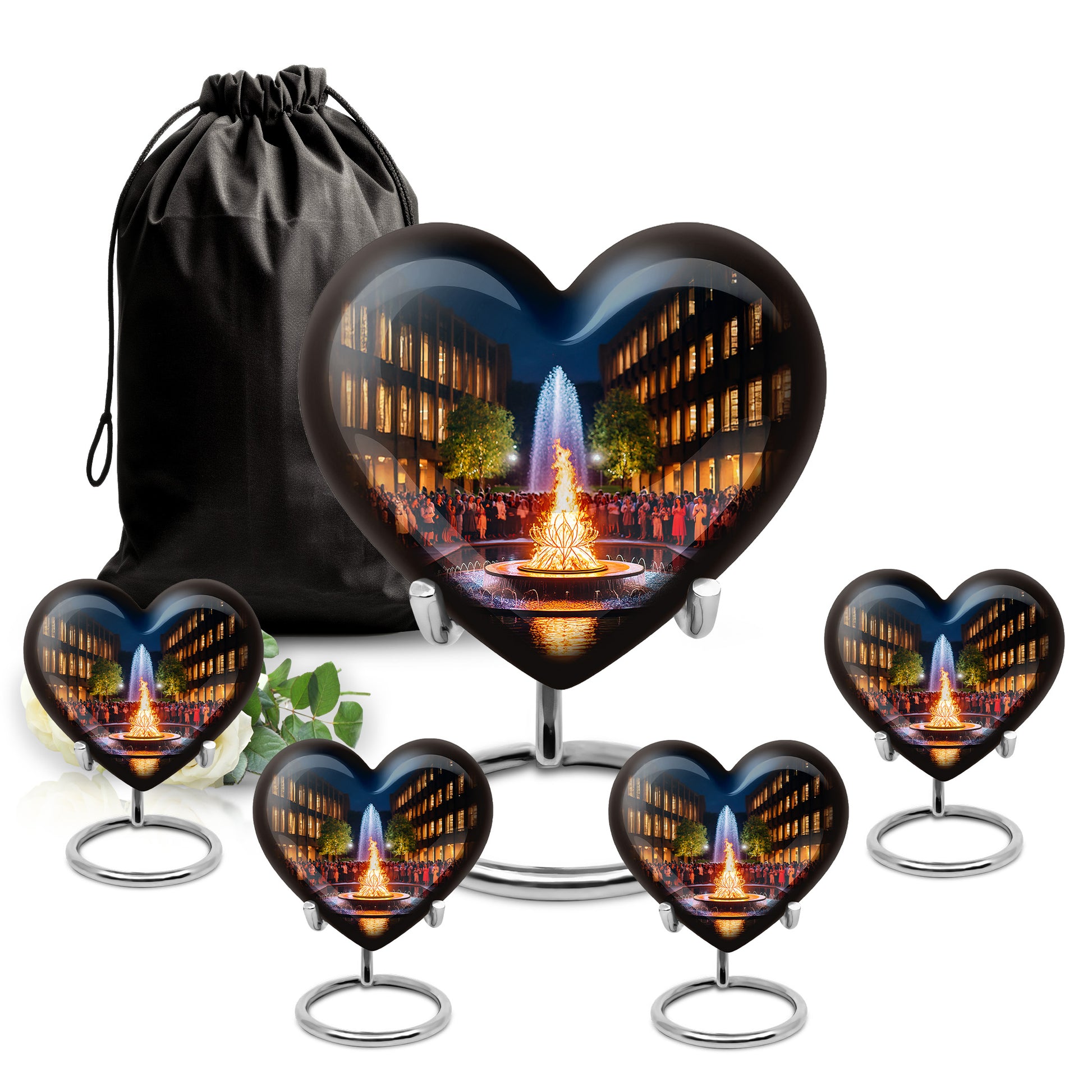 Ebony Campfire Cremation Urn close-up of engraving and surface detail - heart-shaped campfire design symbolizing eternal love - memorial set with one large and four small urns