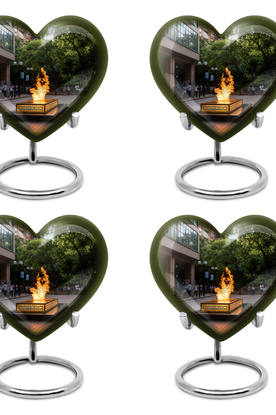 Ebony Campfire Cremation Urn angled view of lid and engraved motif - heart-shaped campfire design symbolizing eternal love - 10 inch aluminum urn for cremated remains