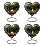 Ebony Campfire Cremation Urn angled view of lid and engraved motif - heart-shaped campfire design symbolizing eternal love - 10 inch aluminum urn for cremated remains