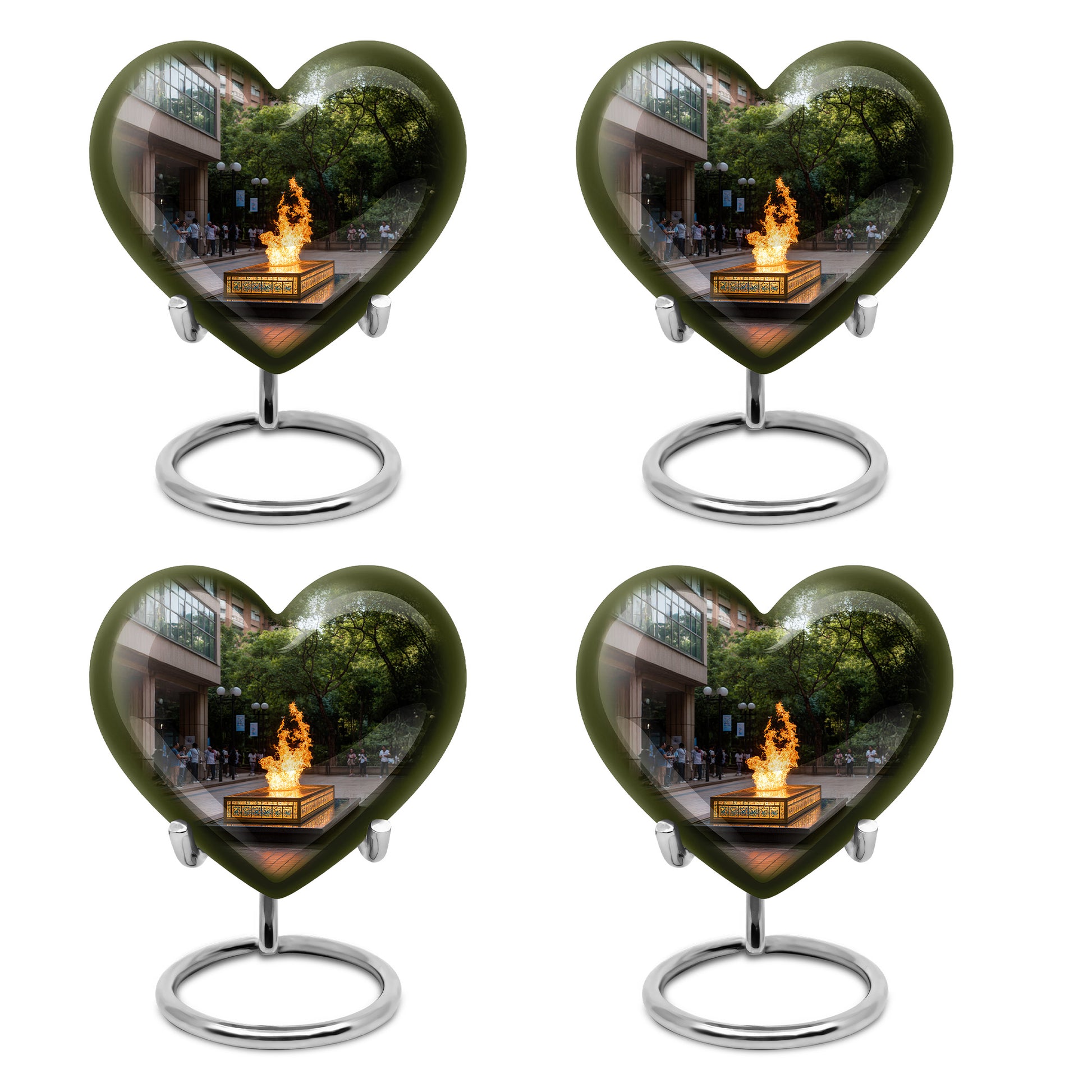 Ebony Campfire Cremation Urn angled view of lid and engraved motif - heart-shaped campfire design symbolizing eternal love - 10 inch aluminum urn for cremated remains