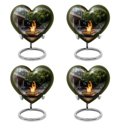 Ebony Campfire Cremation Urn angled view of lid and engraved motif - heart-shaped campfire design symbolizing eternal love - 10 inch aluminum urn for cremated remains