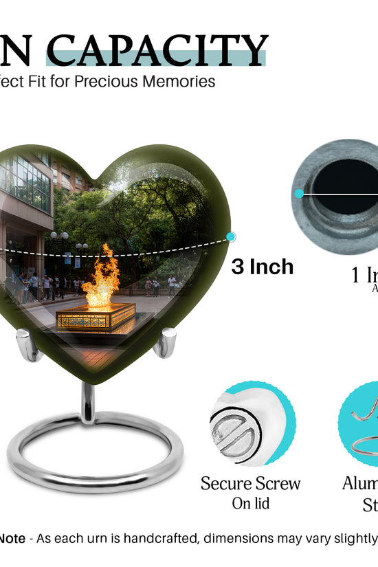 Onyx Black Campfire Cremation Urn front view showing detailed design - compassionate heart-campfire combination with gentle curves - mini keepsake memorial for portion of cremation ashes