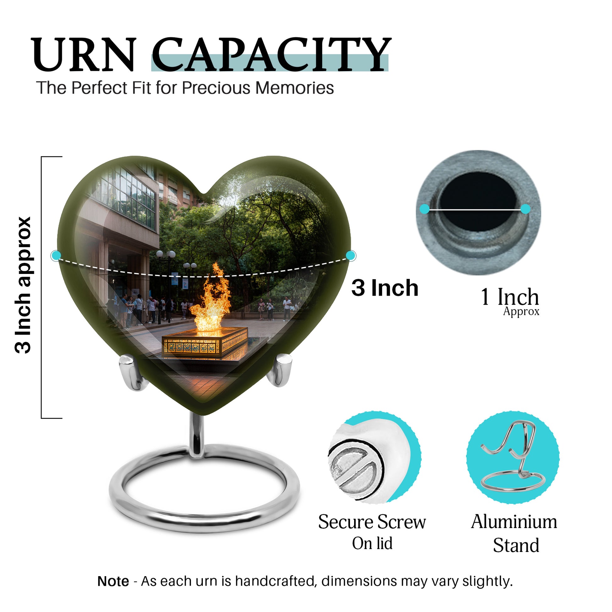 Onyx Black Campfire Cremation Urn front view showing detailed design - compassionate heart-campfire combination with gentle curves - mini keepsake memorial for portion of cremation ashes