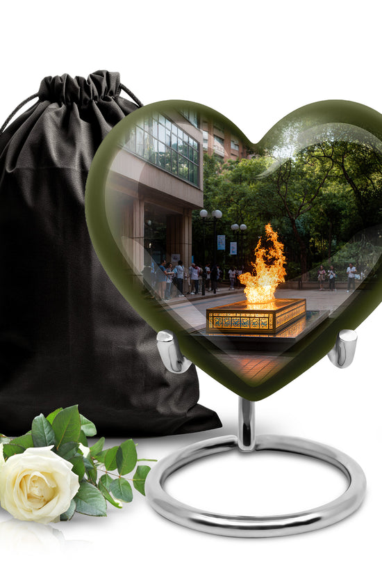 Ebony Campfire Cremation Urn detail view - heart-shaped campfire design symbolizing eternal love - full-size 10 inch 200 cubic inch adult cremation urn