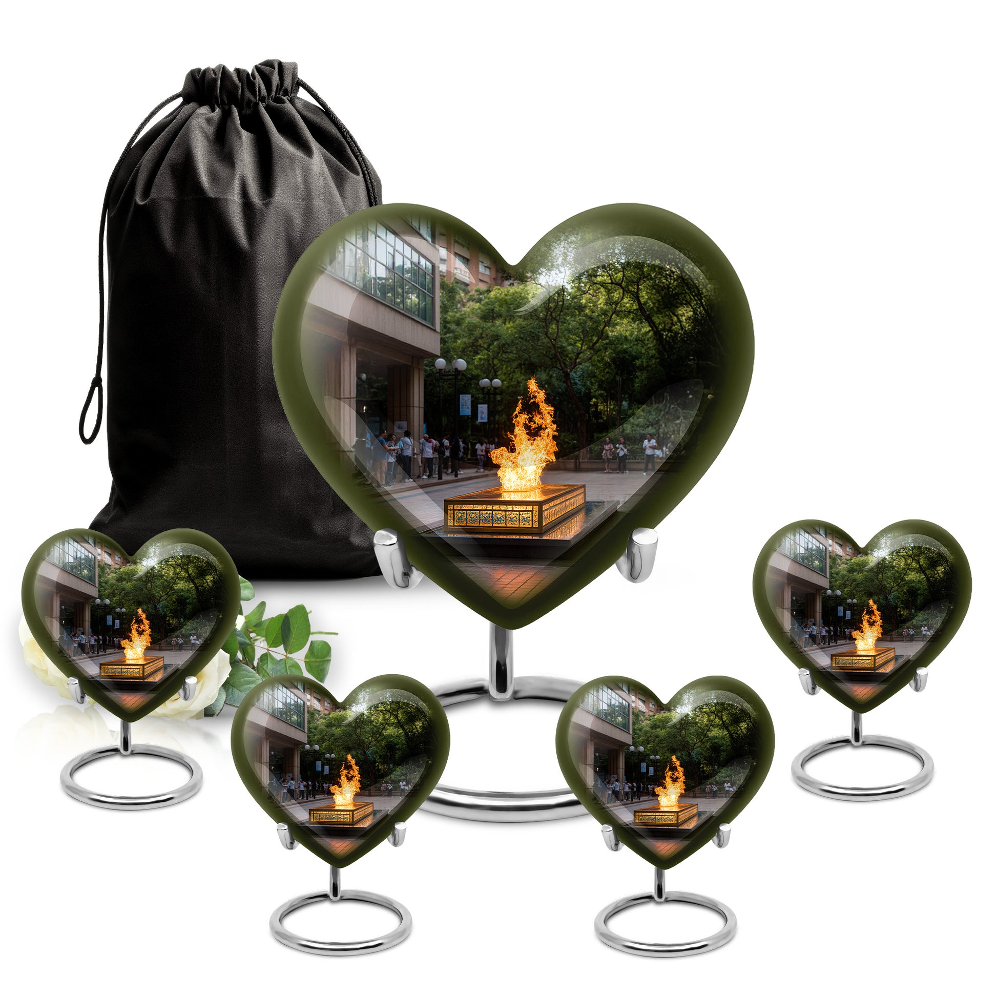 Midnight Black Campfire Cremation Urn close-up of engraving and surface detail - compassionate heart-campfire combination with gentle curves - memorial set with one large and four small urns