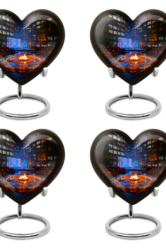 Dark Black Campfire Cremation Urn angled view of lid and engraved motif - romantic heart urn with campfire motif on aluminum - 10 inch aluminum urn for cremated remains