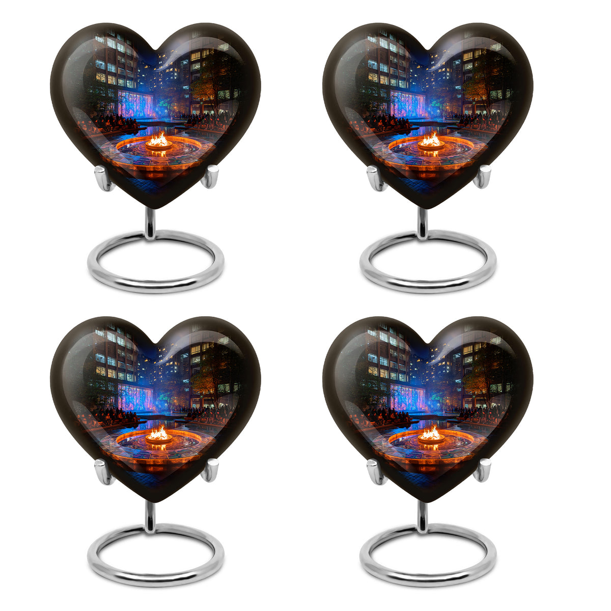 Dark Black Campfire Cremation Urn angled view of lid and engraved motif - romantic heart urn with campfire motif on aluminum - 10 inch aluminum urn for cremated remains