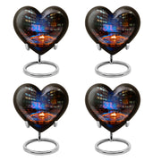 Dark Black Campfire Cremation Urn angled view of lid and engraved motif - romantic heart urn with campfire motif on aluminum - 10 inch aluminum urn for cremated remains