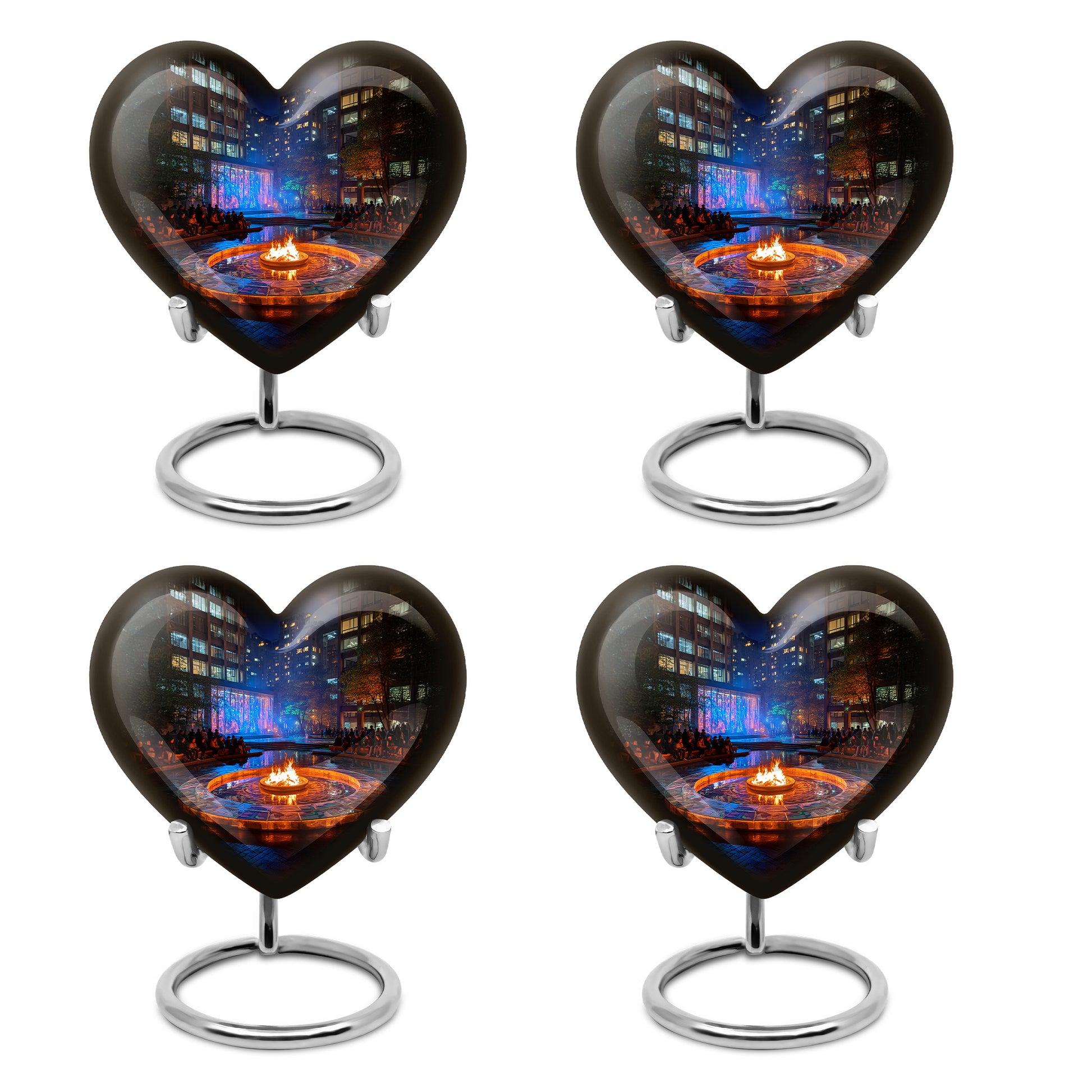 Dark Black Campfire Cremation Urn angled view of lid and engraved motif - romantic heart urn with campfire motif on aluminum - 10 inch aluminum urn for cremated remains