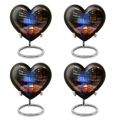 Dark Black Campfire Cremation Urn angled view of lid and engraved motif - romantic heart urn with campfire motif on aluminum - 10 inch aluminum urn for cremated remains
