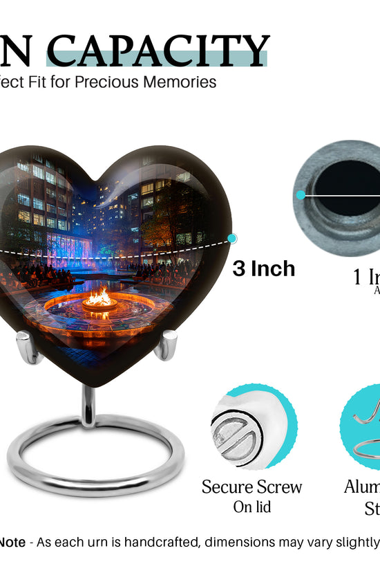 Obsidian Black Campfire Cremation Urn front view showing detailed design - romantic heart urn with campfire motif on aluminum - mini keepsake memorial for portion of cremation ashes