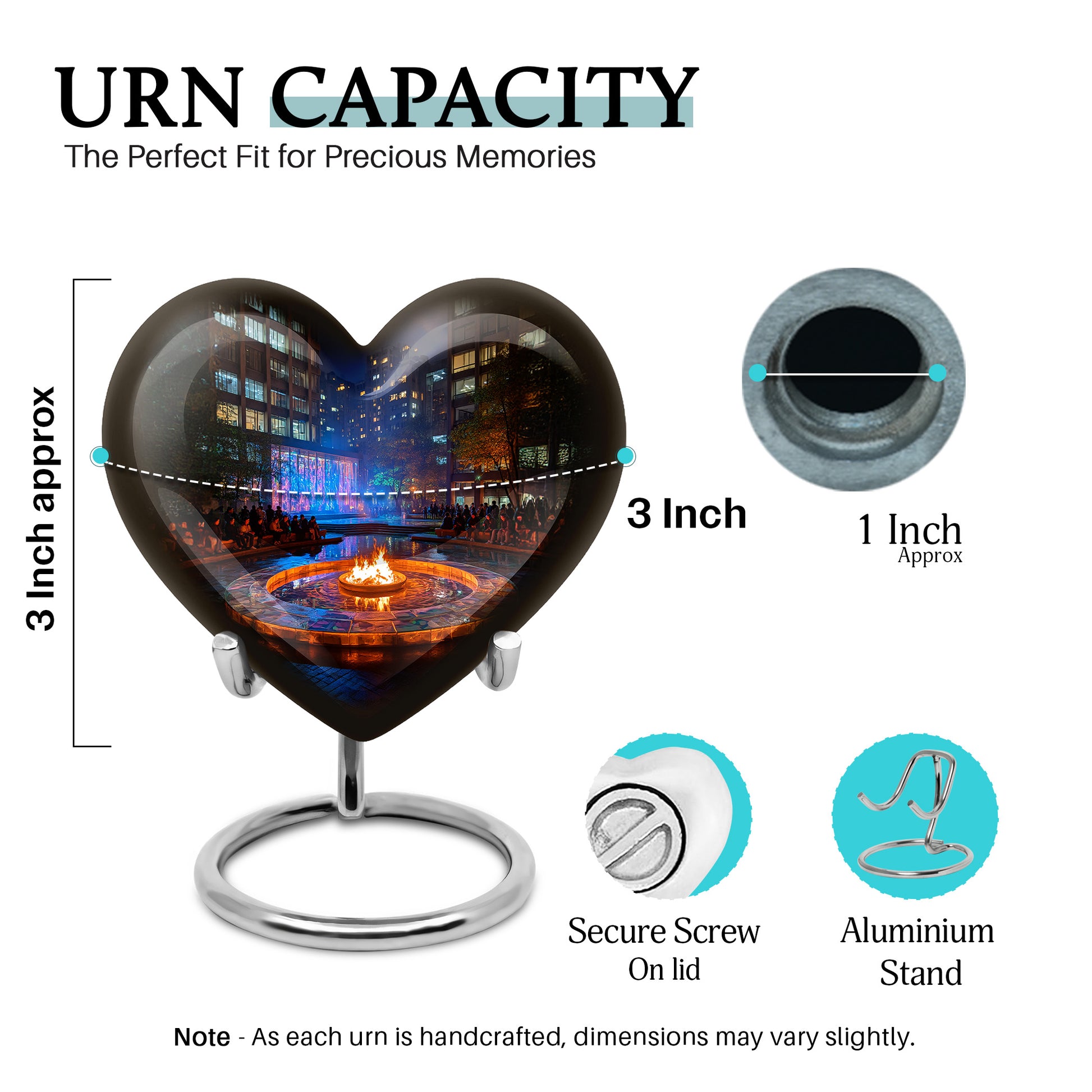 Obsidian Black Campfire Cremation Urn front view showing detailed design - romantic heart urn with campfire motif on aluminum - mini keepsake memorial for portion of cremation ashes