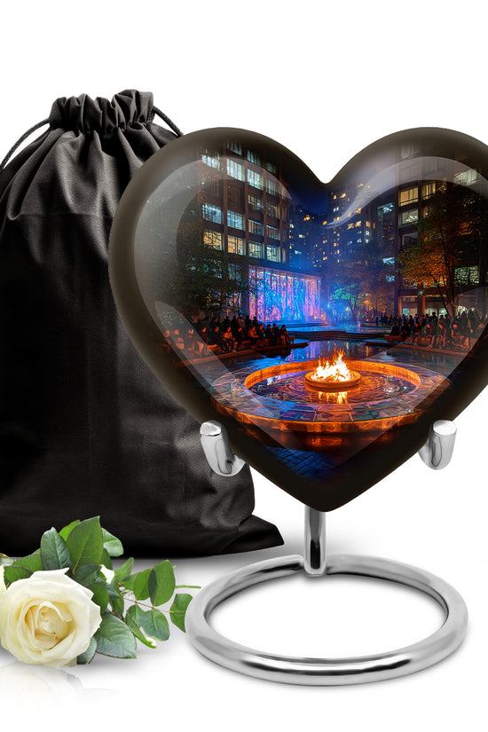 Glossy Black Campfire Cremation Urn detail view - heart-shaped campfire design symbolizing eternal love - full-size 10 inch 200 cubic inch adult cremation urn