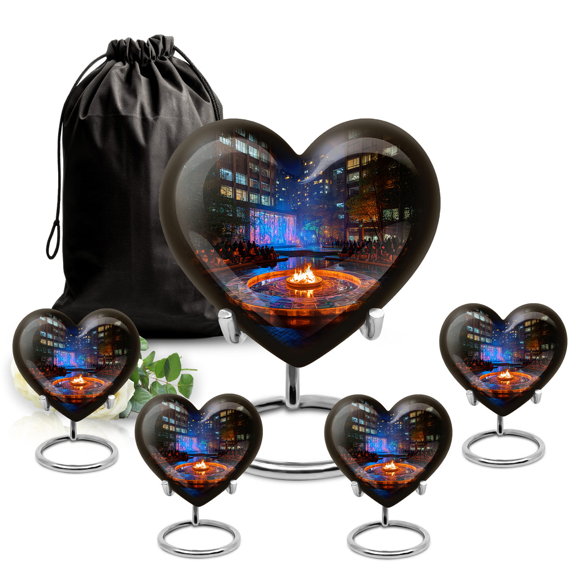 Obsidian Black Campfire Cremation Urn close-up of engraving and surface detail - romantic heart urn with campfire motif on aluminum - memorial set with one large and four small urns