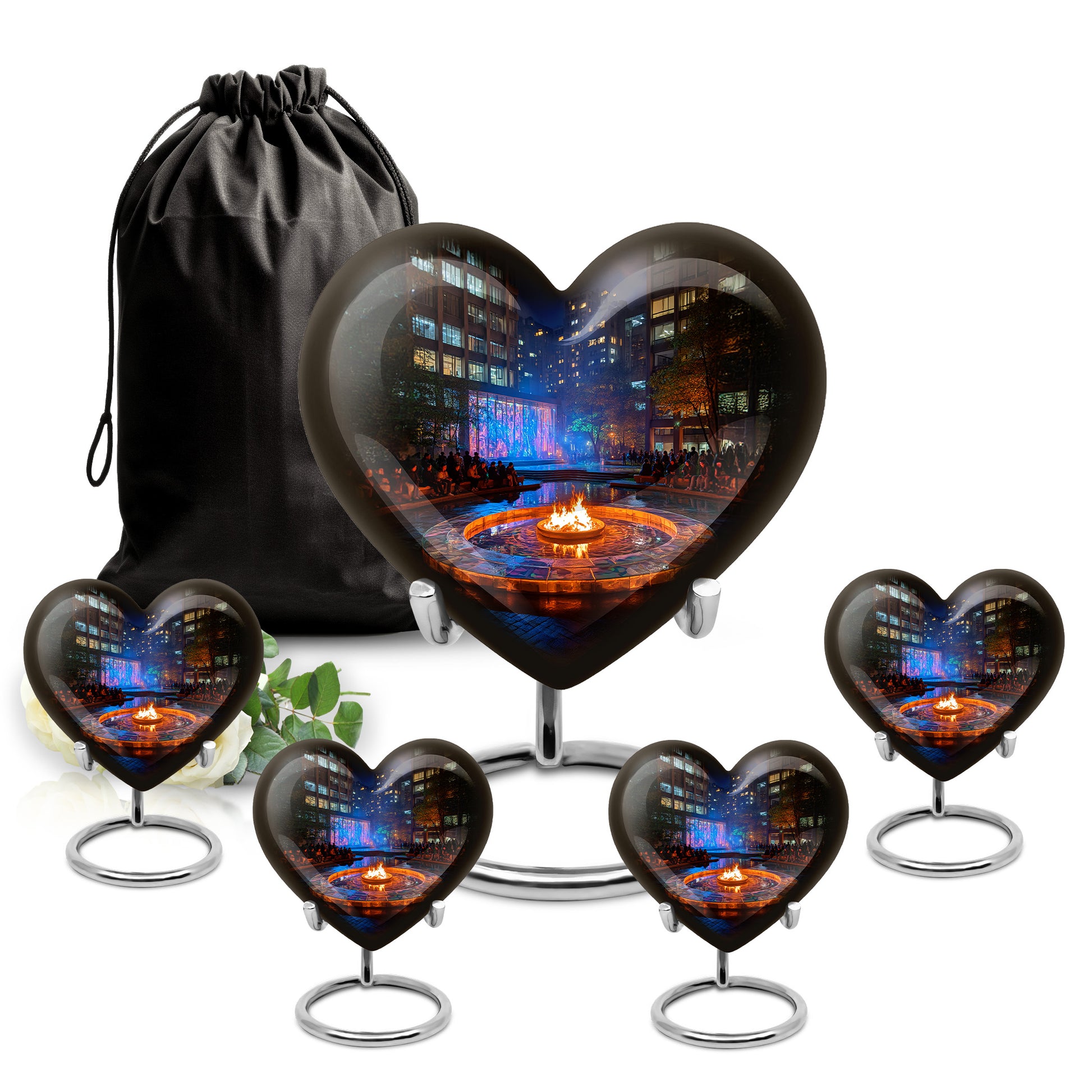 Obsidian Black Campfire Cremation Urn close-up of engraving and surface detail - romantic heart urn with campfire motif on aluminum - memorial set with one large and four small urns