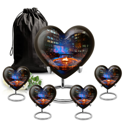 Obsidian Black Campfire Cremation Urn close-up of engraving and surface detail - romantic heart urn with campfire motif on aluminum - memorial set with one large and four small urns
