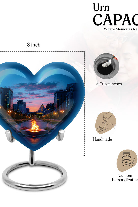 Slate Blue Campfire Cremation Urn front view showing detailed design - loving heart memorial featuring campfire pattern - mini keepsake memorial for portion of cremation ashes