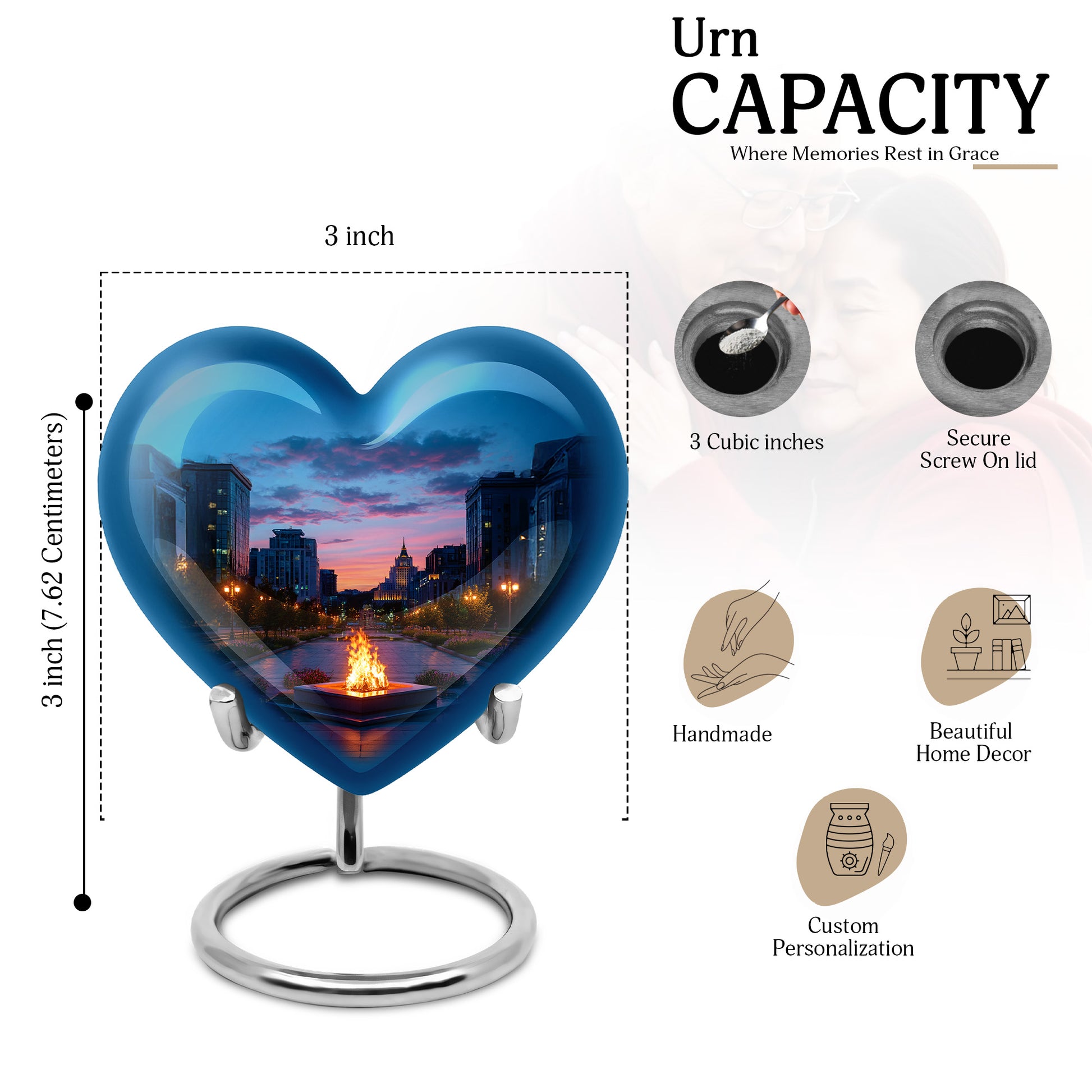 Slate Blue Campfire Cremation Urn front view showing detailed design - loving heart memorial featuring campfire pattern - mini keepsake memorial for portion of cremation ashes