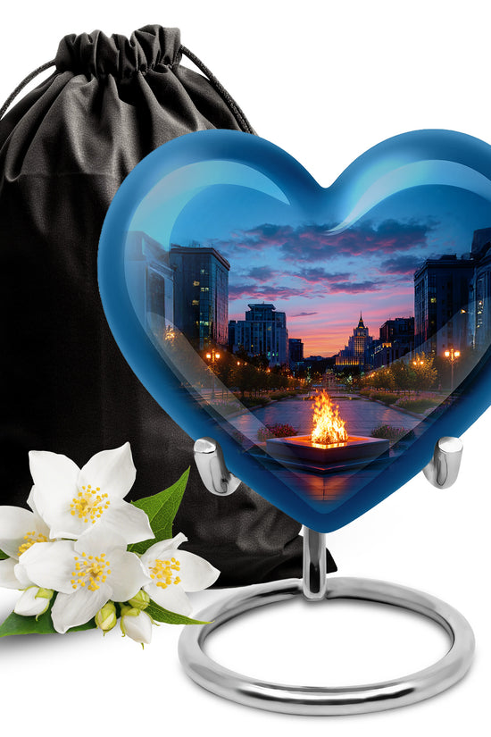 Powder Blue Campfire Cremation Urn detail view - heart-shaped campfire design symbolizing eternal love - full-size 10 inch 200 cubic inch adult cremation urn