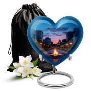 Powder Blue Campfire Cremation Urn detail view - heart-shaped campfire design symbolizing eternal love - full-size 10 inch 200 cubic inch adult cremation urn