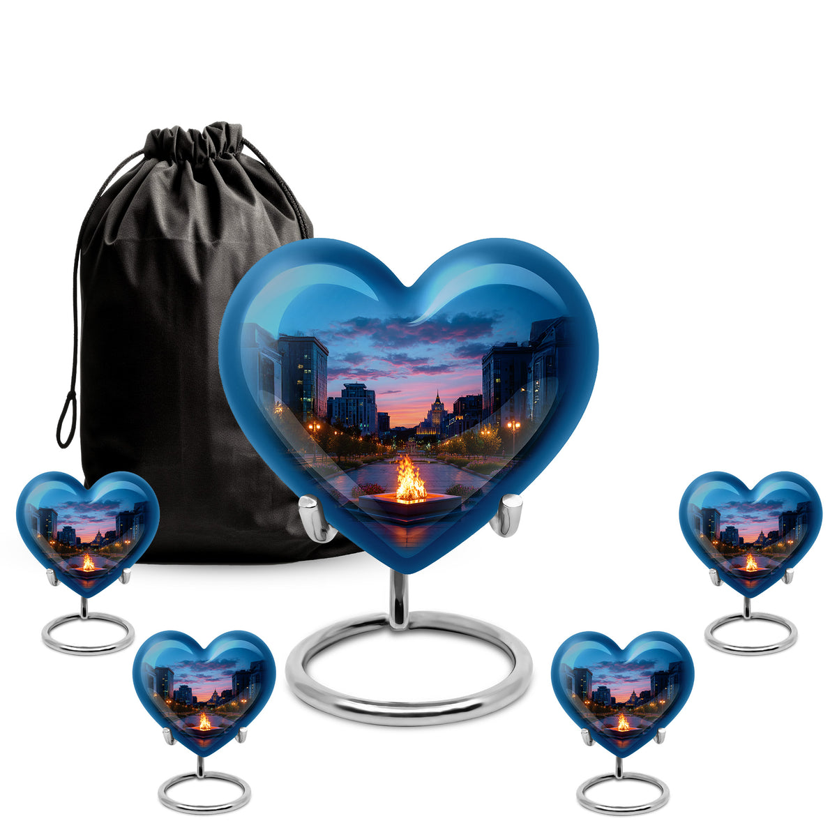 Powder Blue Campfire Cremation Urn close-up of engraving and surface detail - heart-shaped campfire design symbolizing eternal love - memorial set with one large and four small urns