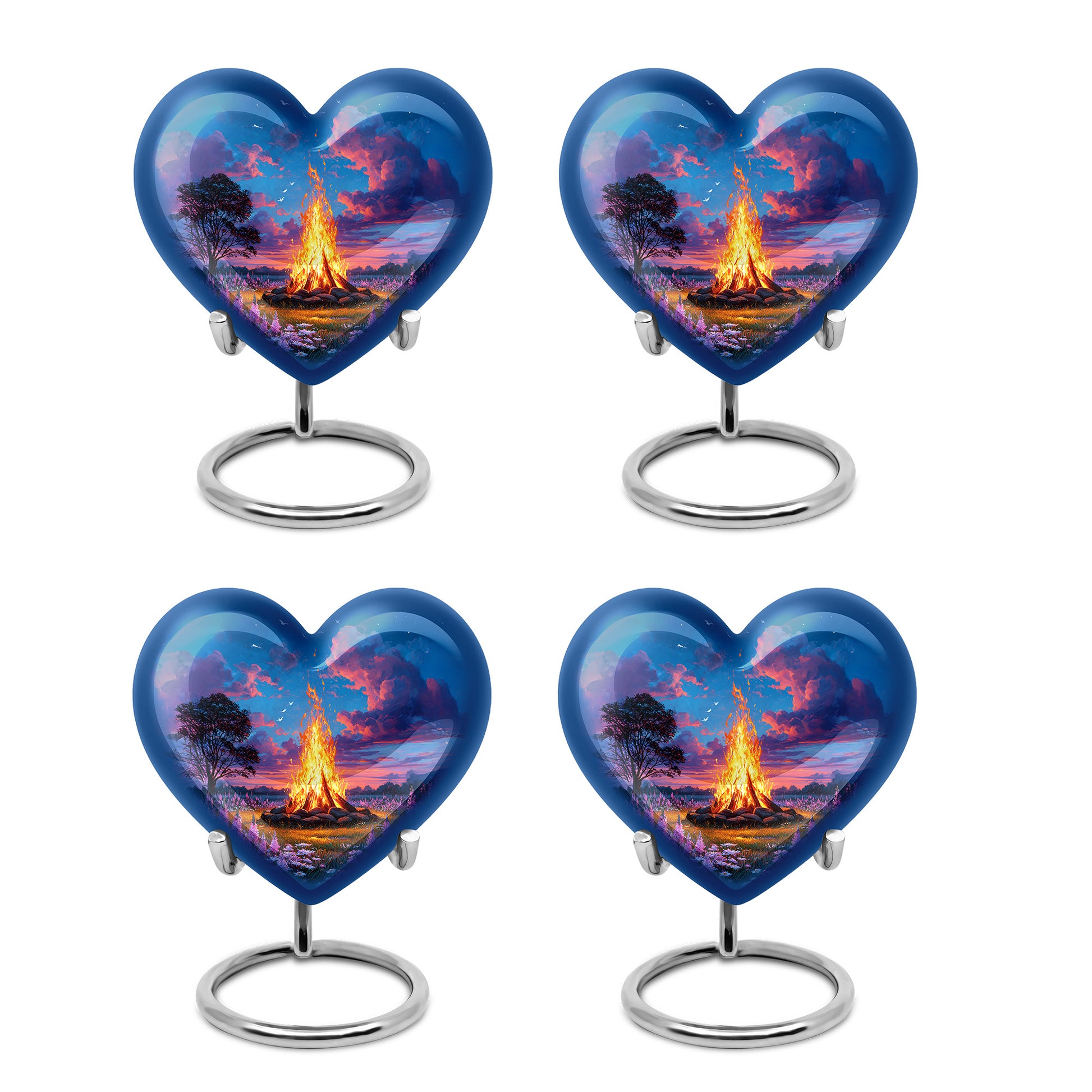 Cornflower Blue Campfire Cremation Urn angled view of lid and engraved motif - compassionate heart-campfire combination with gentle curves - 10 inch aluminum urn for cremated remains