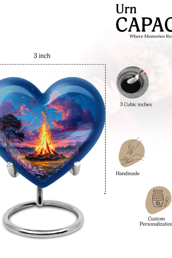 Twilight Blue Campfire Cremation Urn front view showing detailed design - romantic heart urn with campfire motif on aluminum - mini keepsake memorial for portion of cremation ashes