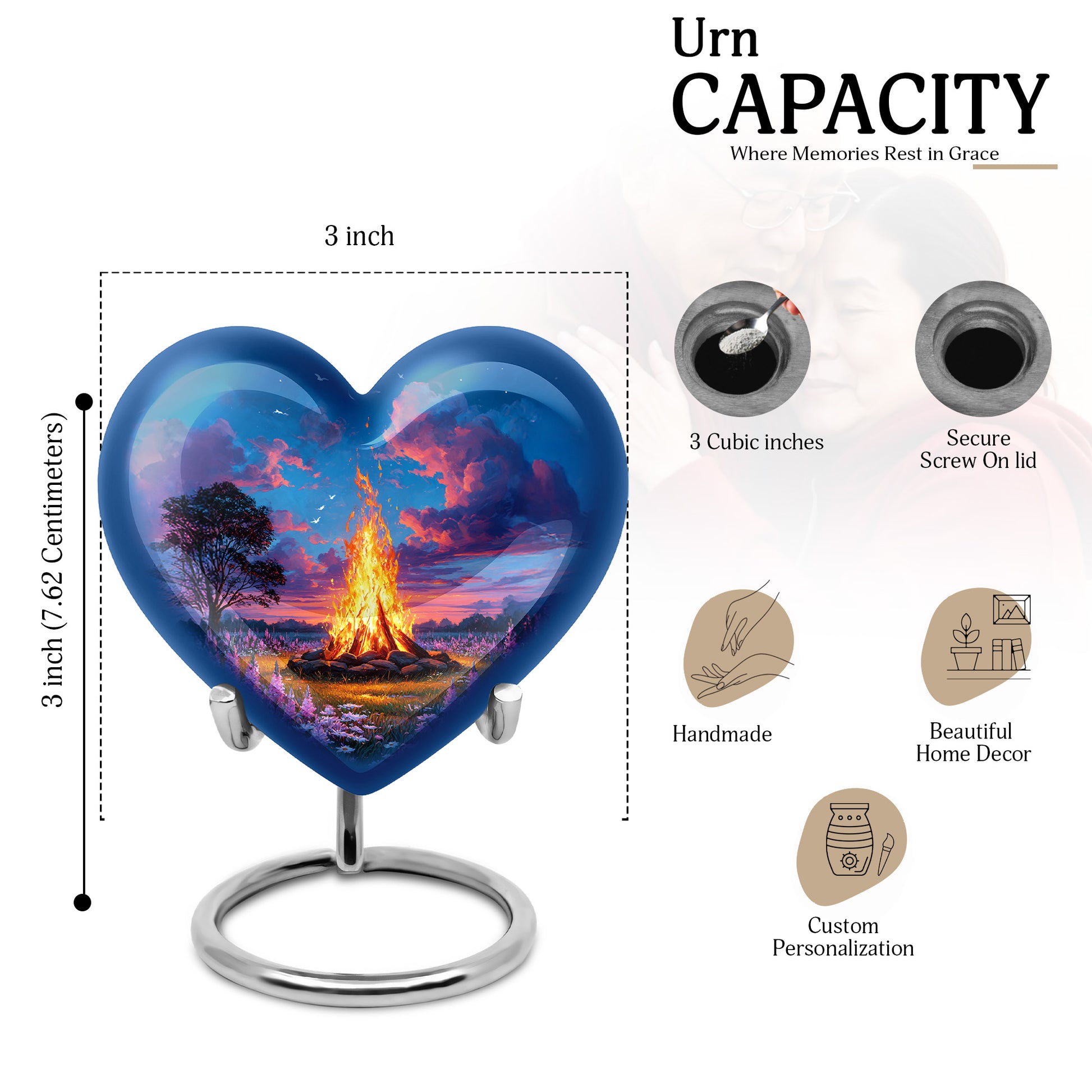 Twilight Blue Campfire Cremation Urn front view showing detailed design - romantic heart urn with campfire motif on aluminum - mini keepsake memorial for portion of cremation ashes