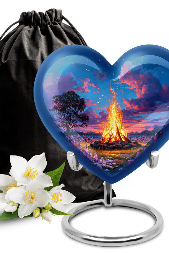 Icy Blue Campfire Cremation Urn detail view - heart-shaped campfire design symbolizing eternal love - full-size 10 inch 200 cubic inch adult cremation urn