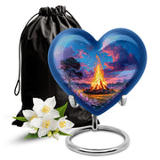 Icy Blue Campfire Cremation Urn detail view - heart-shaped campfire design symbolizing eternal love - full-size 10 inch 200 cubic inch adult cremation urn