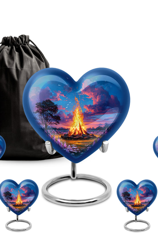 Powder Blue Campfire Cremation Urn close-up of engraving and surface detail - heart-shaped campfire design symbolizing eternal love - memorial set with one large and four small urns