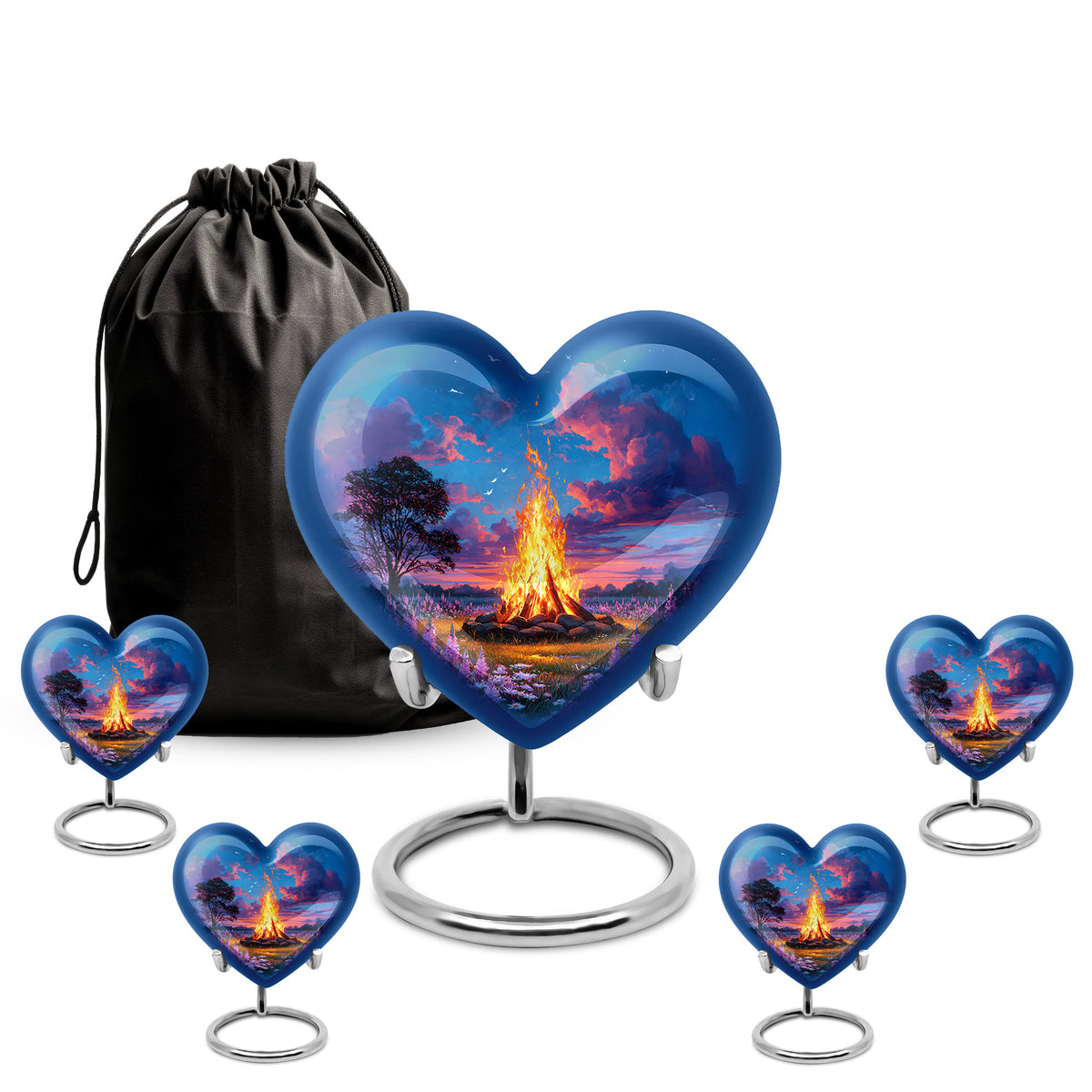 Powder Blue Campfire Cremation Urn close-up of engraving and surface detail - heart-shaped campfire design symbolizing eternal love - memorial set with one large and four small urns