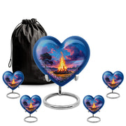 Powder Blue Campfire Cremation Urn close-up of engraving and surface detail - heart-shaped campfire design symbolizing eternal love - memorial set with one large and four small urns