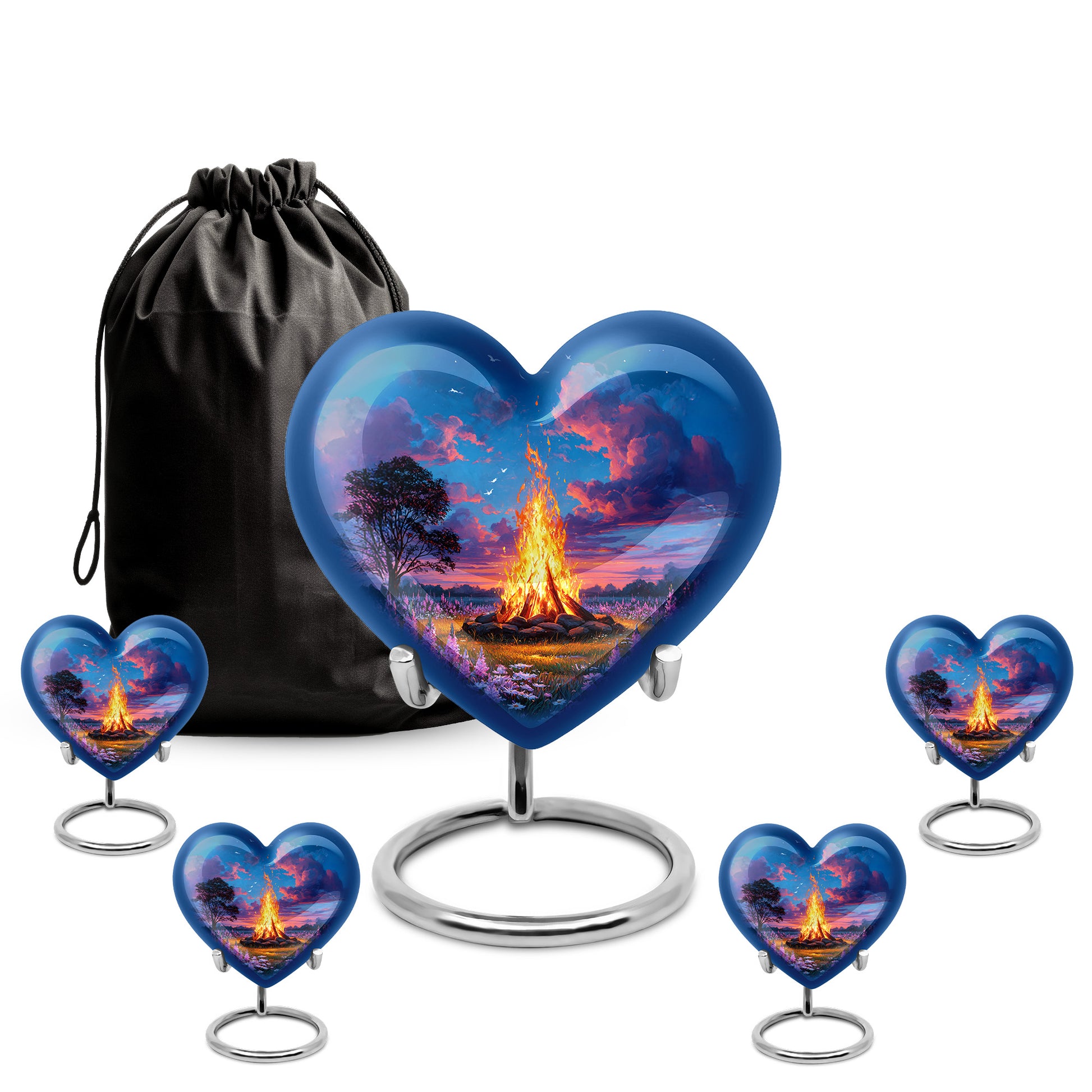 Powder Blue Campfire Cremation Urn close-up of engraving and surface detail - heart-shaped campfire design symbolizing eternal love - memorial set with one large and four small urns