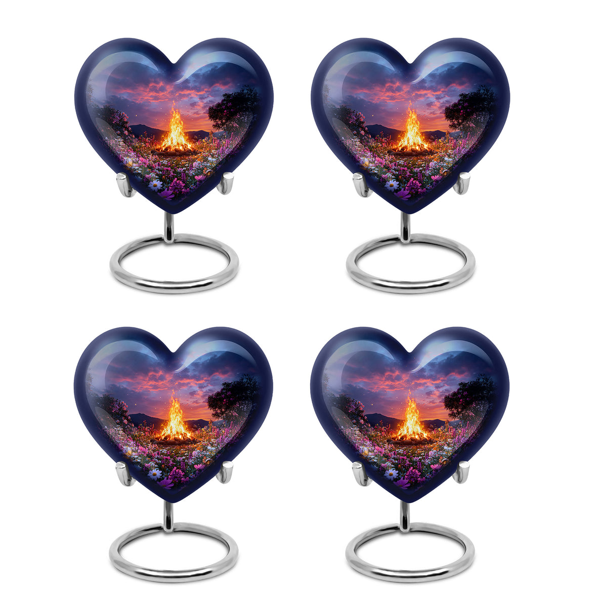 Dusty Blue Campfire Cremation Urn angled view of lid and engraved motif - heart-shaped campfire design symbolizing eternal love - 10 inch aluminum urn for cremated remains