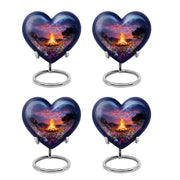 Dusty Blue Campfire Cremation Urn angled view of lid and engraved motif - heart-shaped campfire design symbolizing eternal love - 10 inch aluminum urn for cremated remains