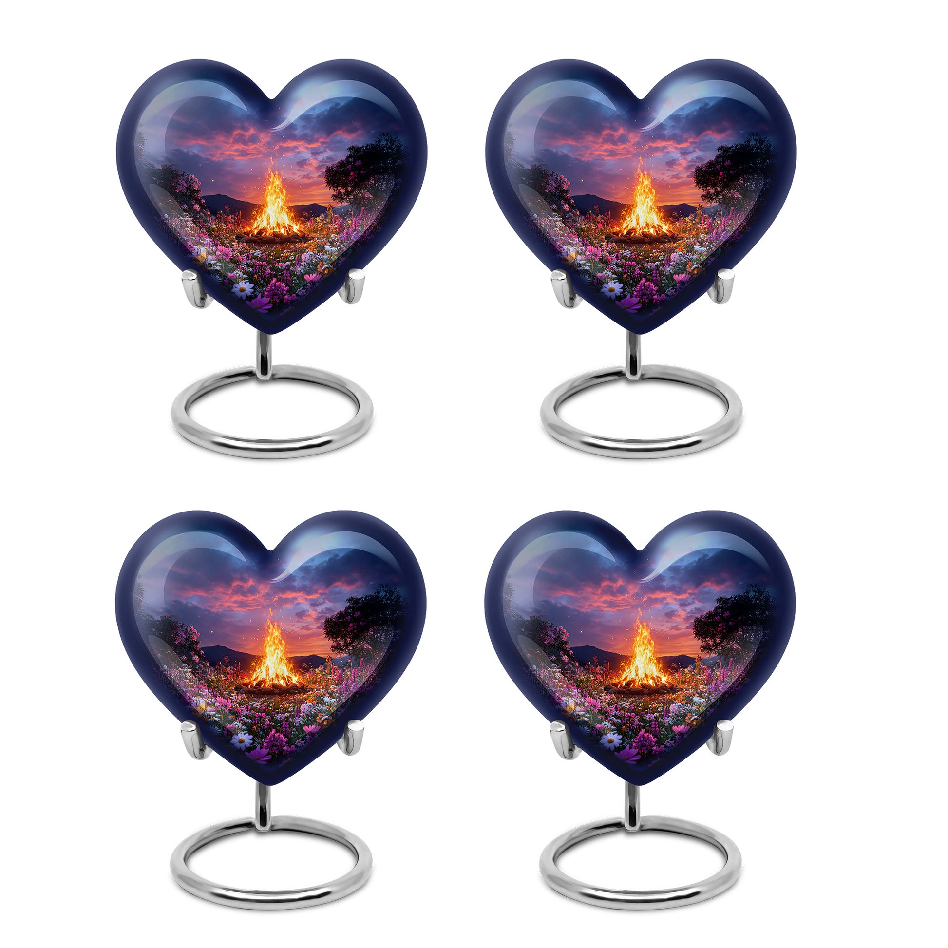 Dusty Blue Campfire Cremation Urn angled view of lid and engraved motif - heart-shaped campfire design symbolizing eternal love - 10 inch aluminum urn for cremated remains