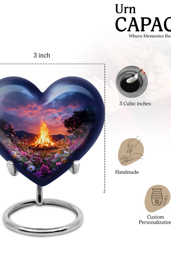 Cornflower Blue Campfire Cremation Urn front view showing detailed design - compassionate heart-campfire combination with gentle curves - mini keepsake memorial for portion of cremation ashes