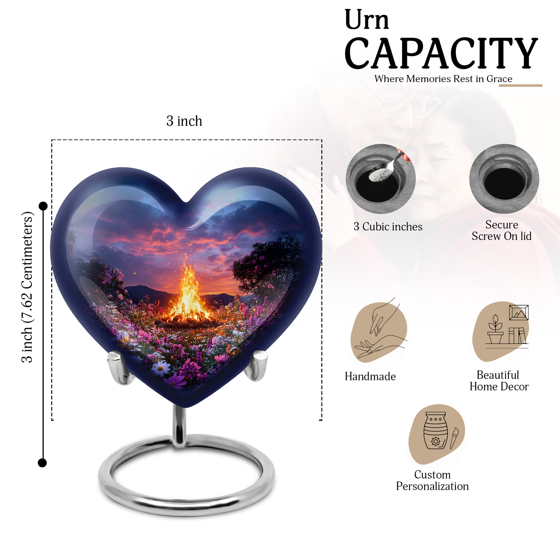 Cornflower Blue Campfire Cremation Urn front view showing detailed design - compassionate heart-campfire combination with gentle curves - mini keepsake memorial for portion of cremation ashes
