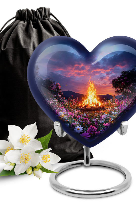Bright Blue Campfire Cremation Urn detail view - romantic heart urn with campfire motif on aluminum - full-size 10 inch 200 cubic inch adult cremation urn