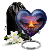 Bright Blue Campfire Cremation Urn detail view - romantic heart urn with campfire motif on aluminum - full-size 10 inch 200 cubic inch adult cremation urn