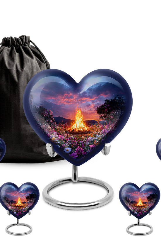 Icy Blue Campfire Cremation Urn close-up of engraving and surface detail - heart-shaped campfire design symbolizing eternal love - memorial set with one large and four small urns