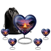 Icy Blue Campfire Cremation Urn close-up of engraving and surface detail - heart-shaped campfire design symbolizing eternal love - memorial set with one large and four small urns