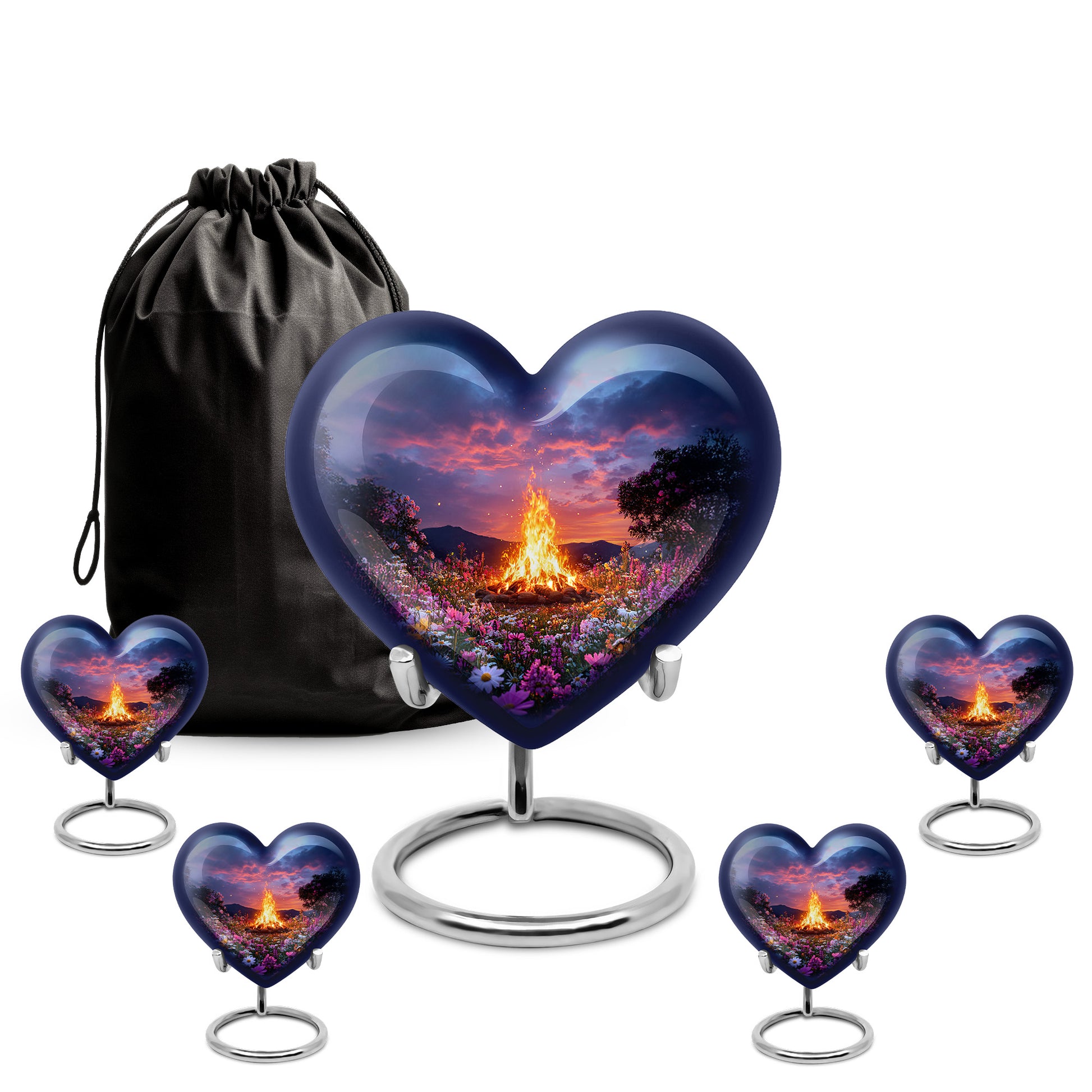 Icy Blue Campfire Cremation Urn close-up of engraving and surface detail - heart-shaped campfire design symbolizing eternal love - memorial set with one large and four small urns