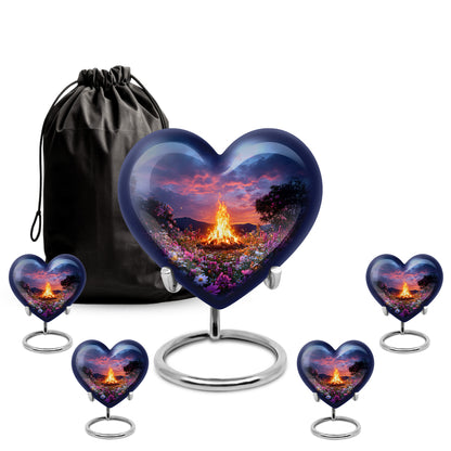 Icy Blue Campfire Cremation Urn close-up of engraving and surface detail - heart-shaped campfire design symbolizing eternal love - memorial set with one large and four small urns