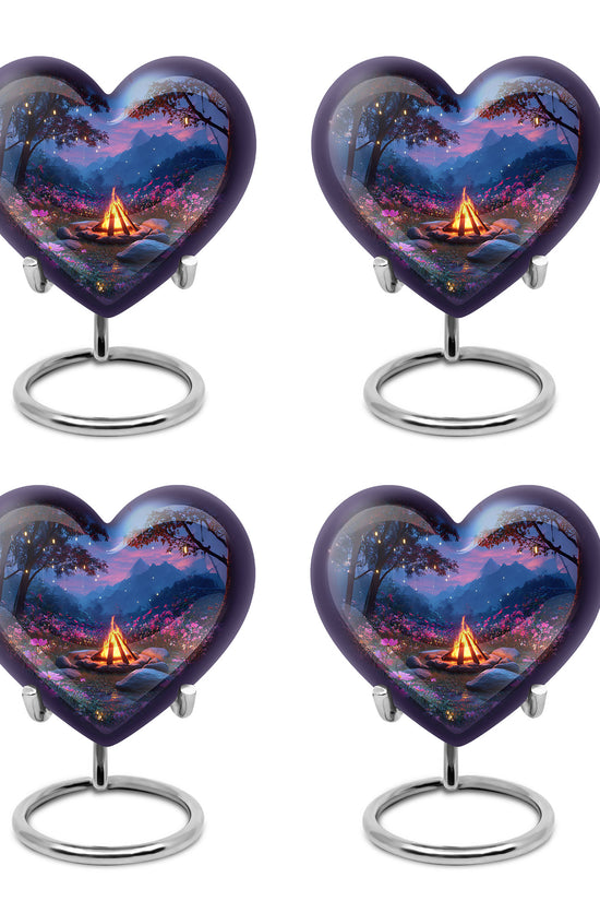 Sapphire Blue Campfire Cremation Urn angled view of lid and engraved motif - romantic heart urn with campfire motif on aluminum - 10 inch aluminum urn for cremated remains