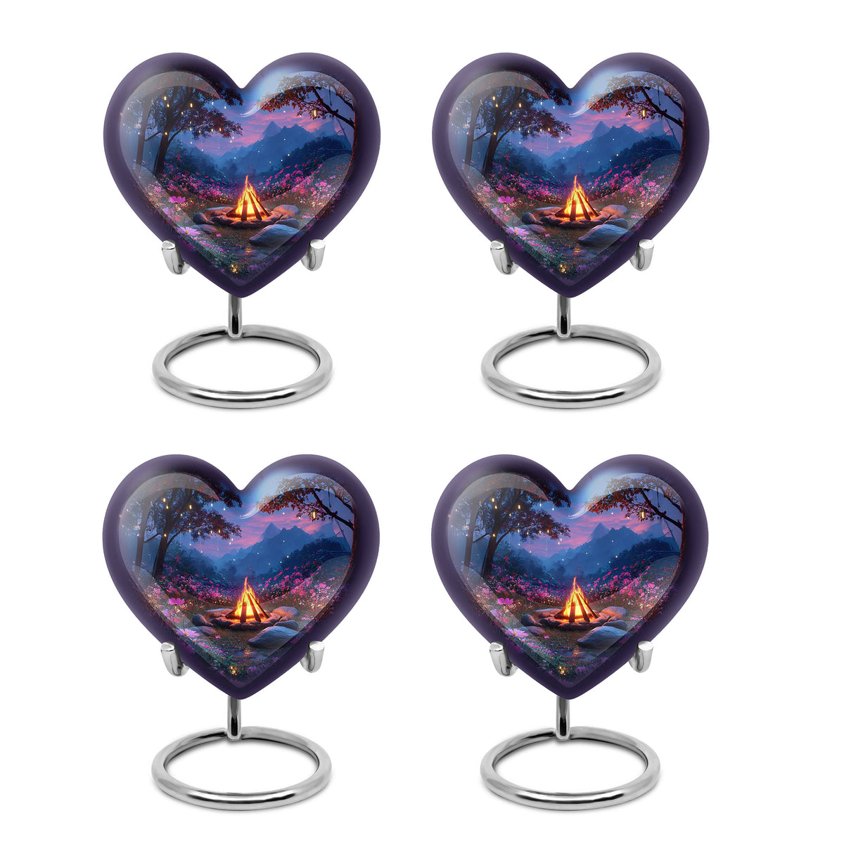 Sapphire Blue Campfire Cremation Urn angled view of lid and engraved motif - romantic heart urn with campfire motif on aluminum - 10 inch aluminum urn for cremated remains