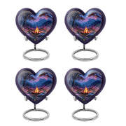 Sapphire Blue Campfire Cremation Urn angled view of lid and engraved motif - romantic heart urn with campfire motif on aluminum - 10 inch aluminum urn for cremated remains