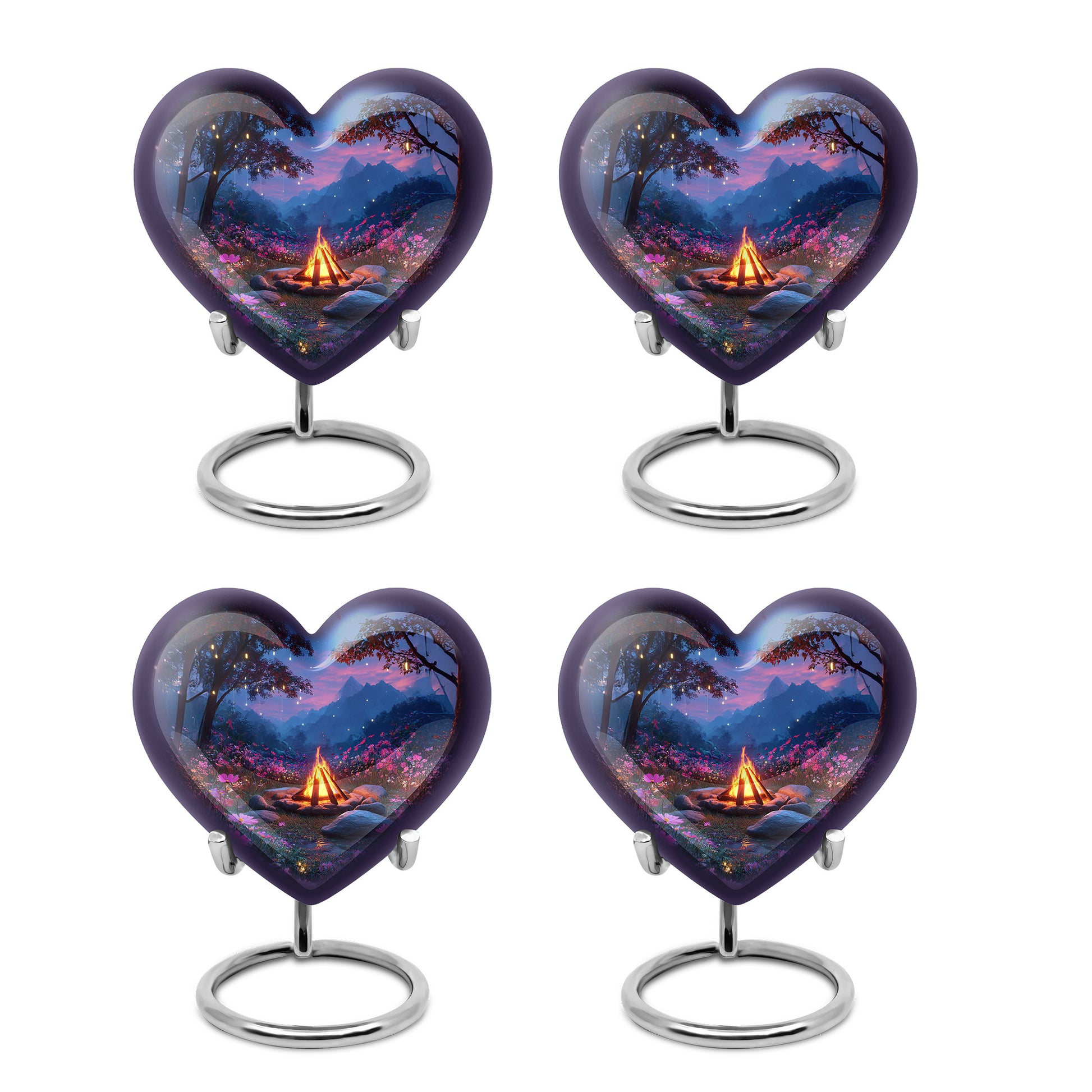 Sapphire Blue Campfire Cremation Urn angled view of lid and engraved motif - romantic heart urn with campfire motif on aluminum - 10 inch aluminum urn for cremated remains