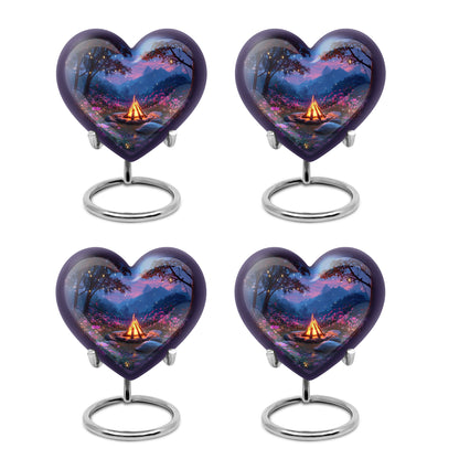 Sapphire Blue Campfire Cremation Urn angled view of lid and engraved motif - romantic heart urn with campfire motif on aluminum - 10 inch aluminum urn for cremated remains